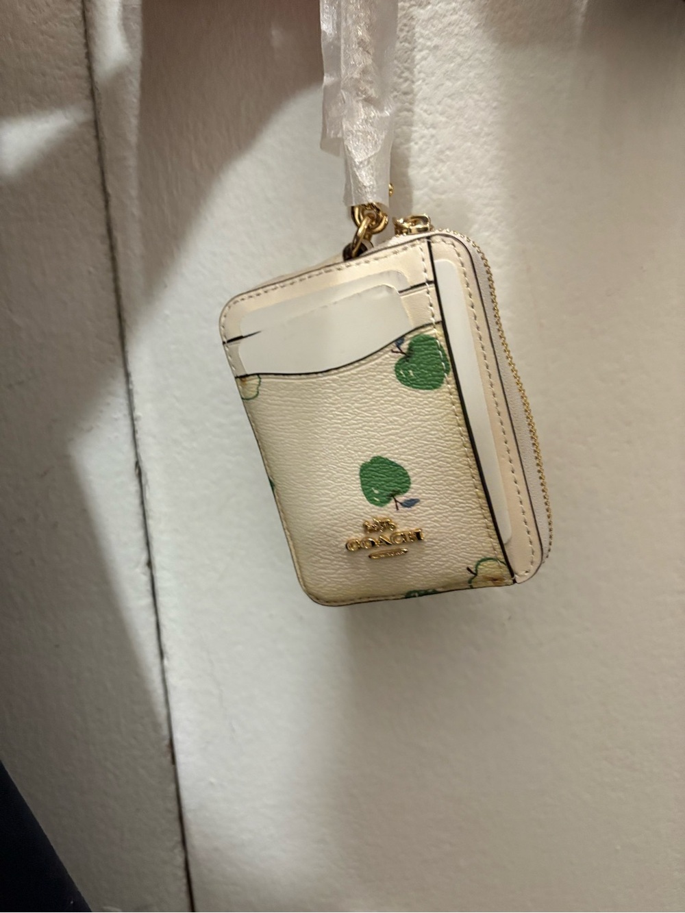 Coach Cream Zip Card Case with Green Floral Accents